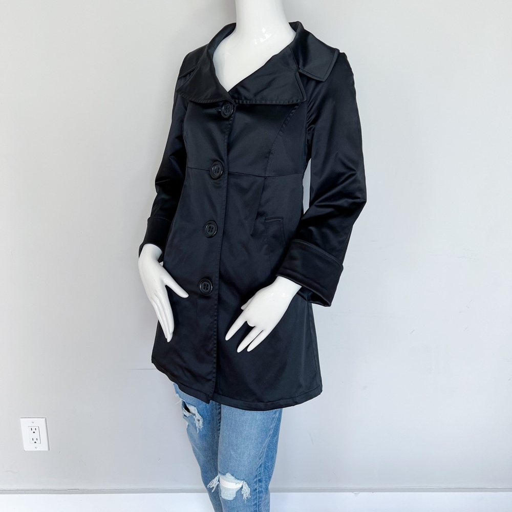 Motivi | Black Satin Peacoat Empire Waist Overcoat Jacket Fitted Dress Coat US4 - Picture 7 of 10